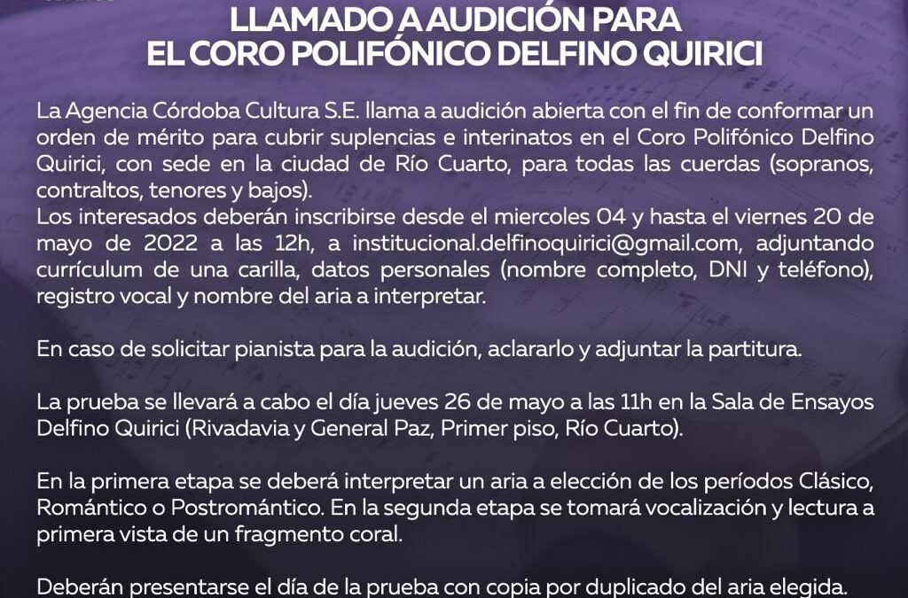 Llamado a audición para el Coro Polifónico Delfino Quirici