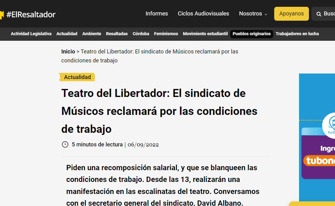 Teatro del Libertador: El sindicato de Músicos reclamará por las condiciones de trabajo – El Resaltador